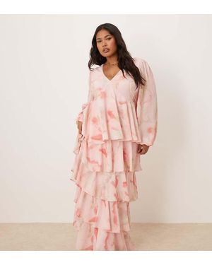 Pretty Lavish Curve Vestito Lungo A Maniche Lunghe E Marrone Sfumato Con Volant - Rosa