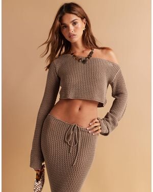 Aria Cove Crochet Knitted Off Shoulder Cropped Beach Top Co-ord - Brown
