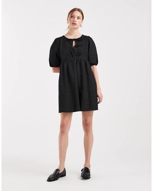 Wednesday's Girl Polka Dot Print Button Detail Mini Smock Dress - Black