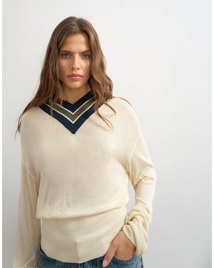 TOPSHOP Gestrickter gestreifter pullover mit hohem v-ausschnitt - Natur