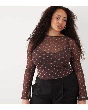 ASOS Asos Design Curve Sheer Mesh Flare Long Sleeve Top - Brown