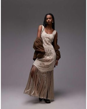 ASOS Embroidered Cut Work Maxi Dress With Fringing - Brown