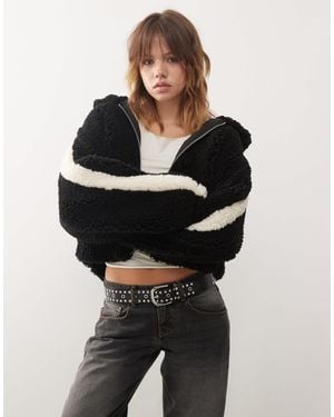 Monki Zip Through Teddy Hooded Jacket - Black