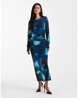 Object Watercolour Print Maxi Dress With Ruched Waist - Blue