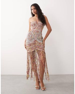 ASOS Premium Embroidered Fringed Cupped Maxi Dress - Natural