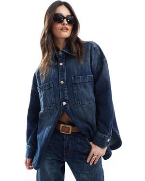 Pull&Bear Oversized Denim Shirt With Ombre Thread Detail Co-ord - Blue