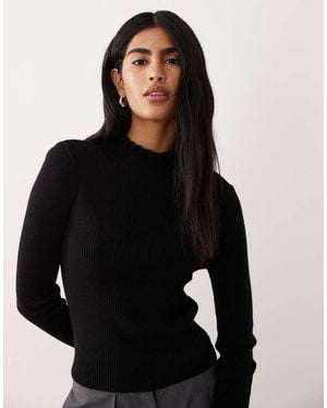 Mango Wool Mix High Neck Frill Edge Knitted Top - Black