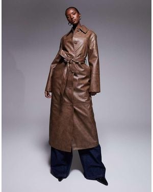 The Frolic Exclusive Leather Look Button Through Belted Maxi Coat - Brown