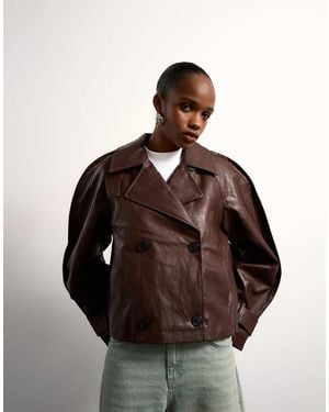 TOPSHOP Faux Leather Ovoid Sleeve Short Trench - Brown