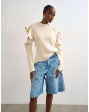 TOPSHOP Maglione Lavorato Avorio Con Maniche Con Volant - Blu