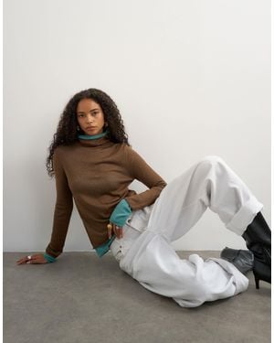TOPSHOP Wool Blend Double Layer Sheer Knit Turtleneck Top - Brown