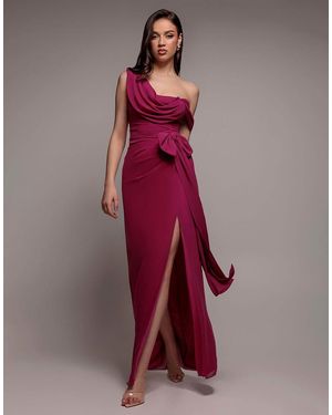 Goddiva One Shoulder Cowl With Bow Detail Maxi Dress - Red