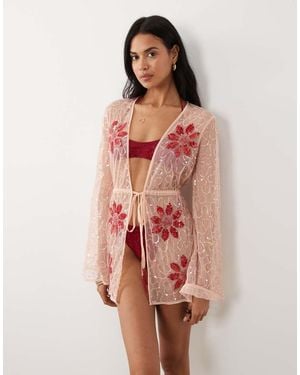 Miss Selfridge Premium Cinched Waist Beaded Mini Beach Cover Up - Pink