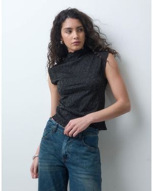 Vero Moda Top mit angeschnittenen ärmeln, stehkragen und glitzer - Schwarz