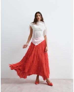 ARRANGE Fringe Texture Asymmetric Maxi Skirt - Red