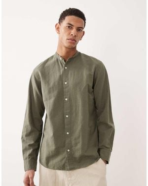 Jack & Jones Linen Blend Shirt With Grandad Collar - Green