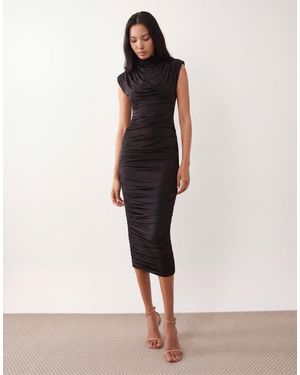 TFNC London Slinky High Neck Shoulder Pad Drape Detail Midi Dress - Natural