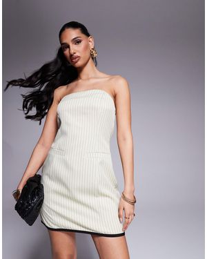 Kaiia Tailored Pinstripe Contrast Trim Bandeau Mini Dress - Grey