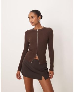 Motel Liano Ribbed Long Sleeve Zip Up Cardigan - Brown