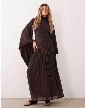 ASOS Mesh Hooggesloten Maxi-Jurk Met Waterval Mouwdetail - Bruin