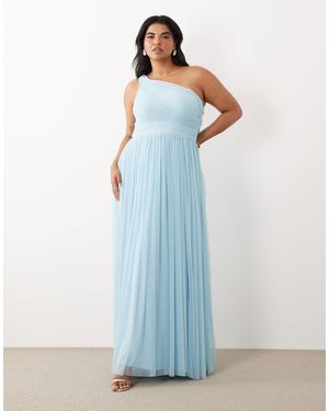 Lace & Beads Plus Bridesmaid Tulle One Shoulder Fitted Waist Maxi Dress - Blue