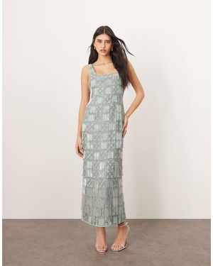 ARRANGE Grid Embellished Square Neck Maxi Dress With Fringe Detail - Natural