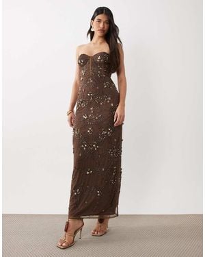 Beauut Embellished Corset Strapless Slit Back Maxi Dress - Brown