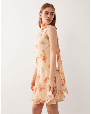 ASOS On Shoulder Mini Dress With Scarf - Natural