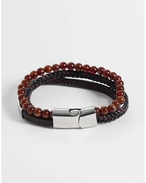 ASOS 3er-pack armband mit kunstlederriemen und braunen halbedelsteinperlen - Mettallic