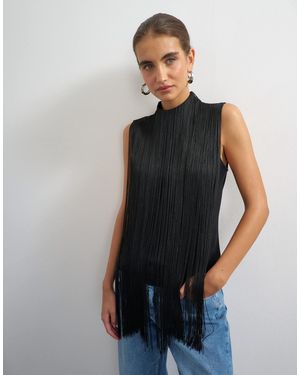 TOPSHOP Slash Neck Sleeveless Fringe Top - Black