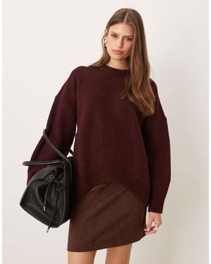 ASOS Oversized Crew Neck Sweater With Curved Hem - Brown