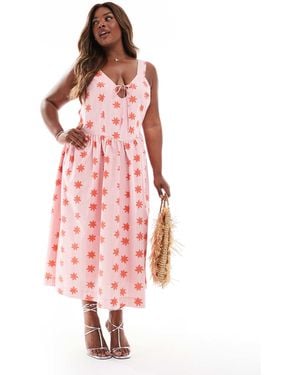 Renee Studio Plus Exclusive Shirred Back Corset Detail Tie Front Strappy Midi Dress - Pink