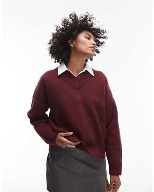 TOPSHOP Knitted Premium 100% Lambswool V-neck Relaxed Jumper - Red