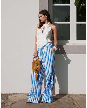 Y.A.S Wide Leg Resort Pant With Premium Floral Embroidered Detail - Black