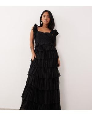 LACE & BEADS Lace Bow Shoulder Tiered Maxi Dress - Black