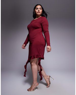 Renee Studio Double Sculpted Slinky Long Sleeve Asymmetric Frill Hem Drape Detail Mini Dress - Red