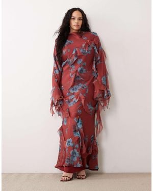 ASOS Asos Design Curve Draped Raw Edge Ruffle Trim Long Sleeve Maxi Dress - Red