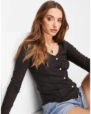 Mango Lettuce Edge Button Front Top - Black