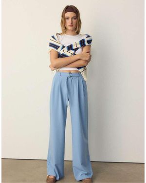 Stradivarius Smart Wide-leg Trousers With Buckle Detail - Blue