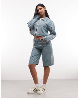 Liquor N Poker Pinstripe Jorts With Embroidered Hem - Blue