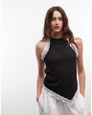 River Island Lace Trim Halterneck Textured Top - Black