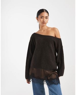 Miss Selfridge Fluffy Asym Sweater With Contrast Satin Lace Hem - Black