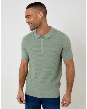 Threadbare Textured Knit Quarter Zip Polo - Green