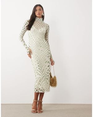 AFRM Shailene robe midi moulante en tulle à col montant, blanc et pois olive