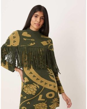 Never Fully Dressed Capa Caqui Con Diseño Estampado Y Flecos De Punto De (Parte De Un Conjunto)-Verde