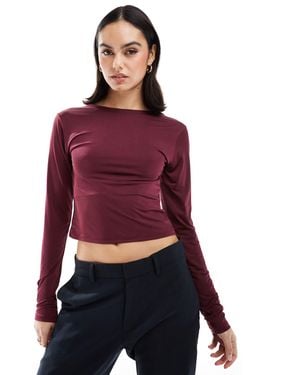 Stradivarius Slash Neck Open Back Long Sleeve Top - Red