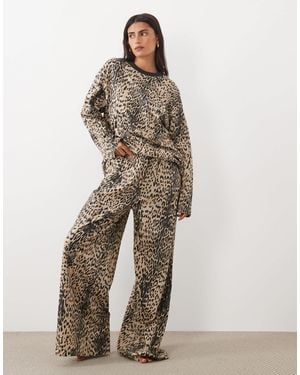 ASOS Long Sleeve Top And Wide Leg Trouser Pajama Set - Natural