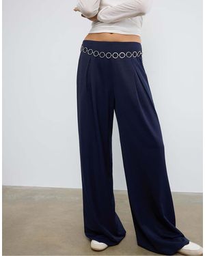 Stradivarius Satin Darted Trousers With Chain Belt - Blue