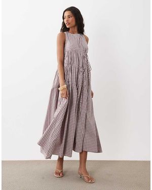 Ghospell Cotton Sleeveless Drawstring Detail Ruched Midi Dress - Pink