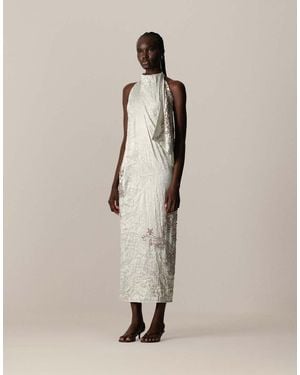 ARRANGE Crinkle Satin Embellished Drape Halter Column Midi Dress - Natural
